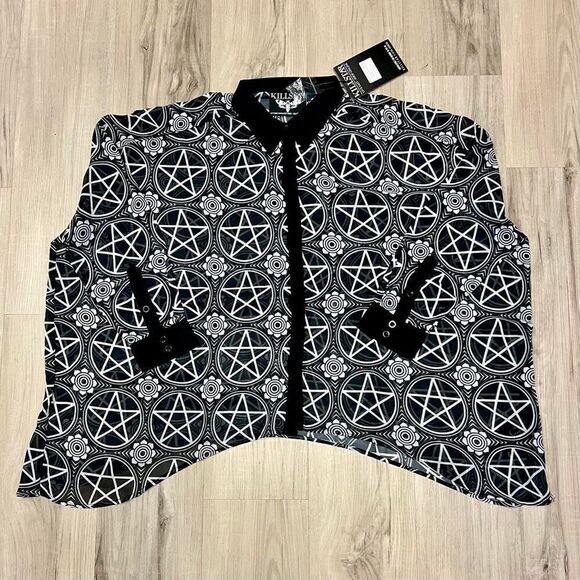 Pentagram floral ladies sheer shirt by Killstar sz XL black white button down - Picture 1 of 17